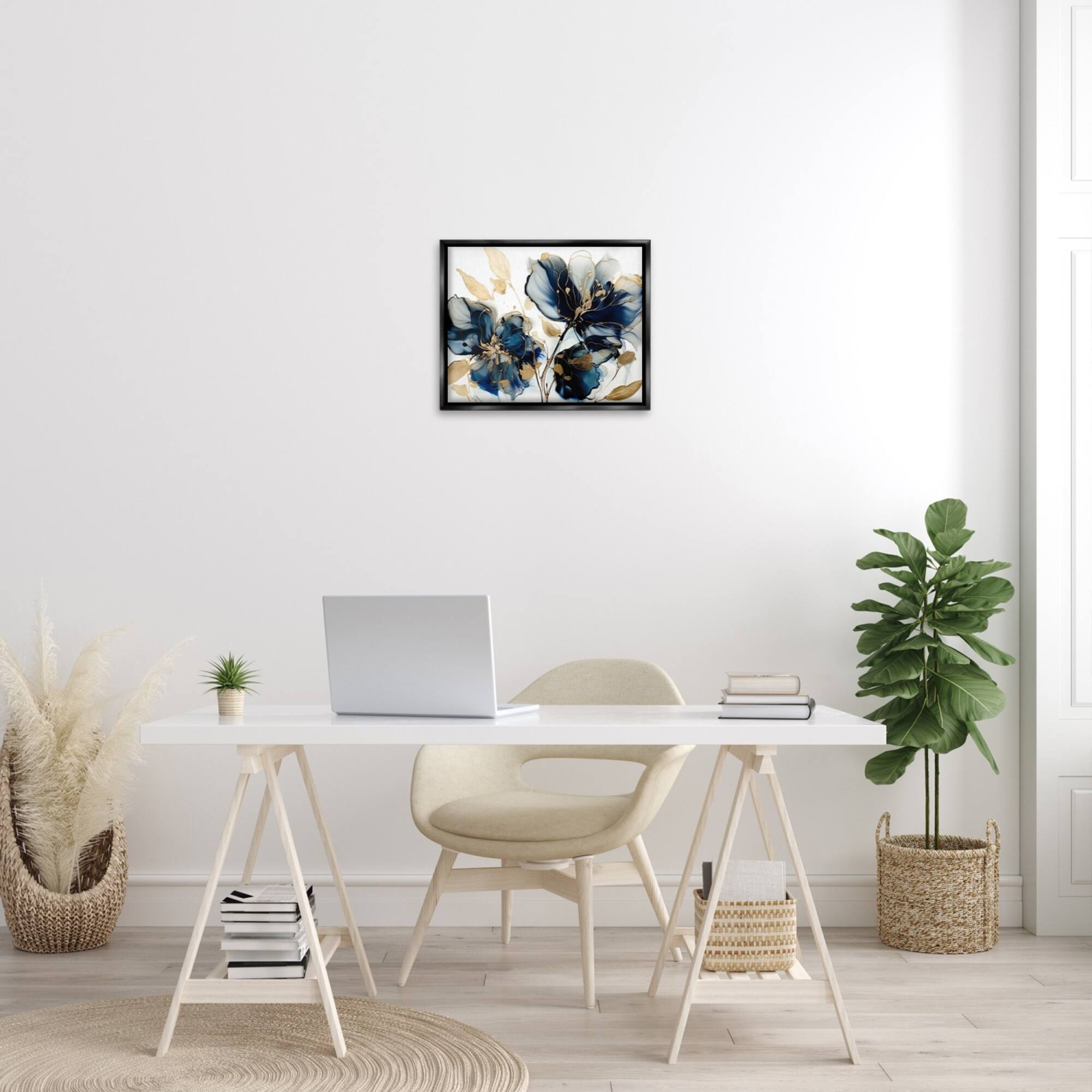 Stupell Industries Blue Swirling Modern Flowers Floater Framed Art